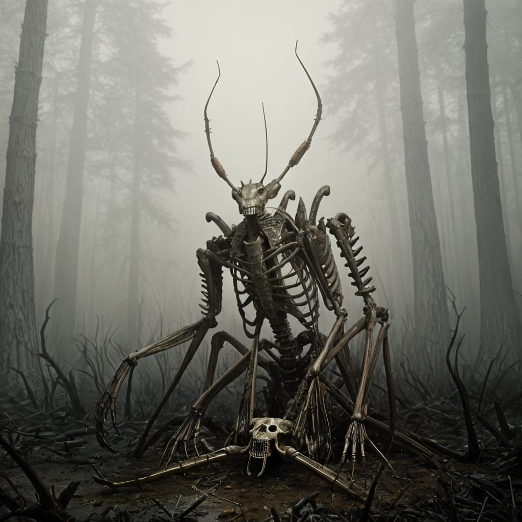 Skeletal Praying Mantis Emerges from Misty Forest