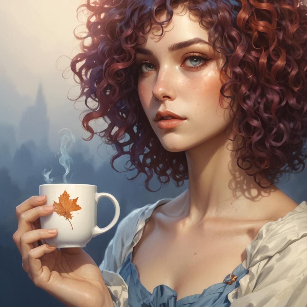 Autumn Portrait of Blue-Haired Girl with Tea
