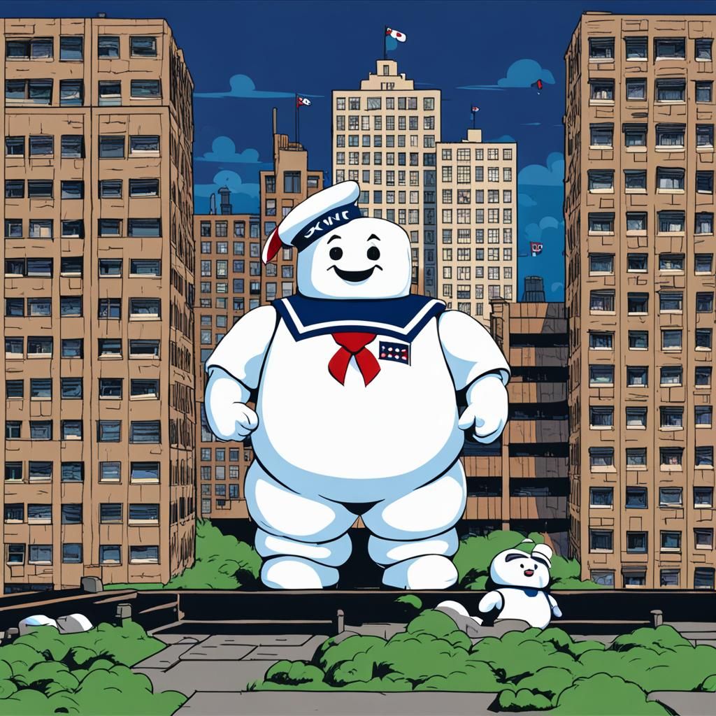 Stay Puft Marshmallow Man Over Cityscape