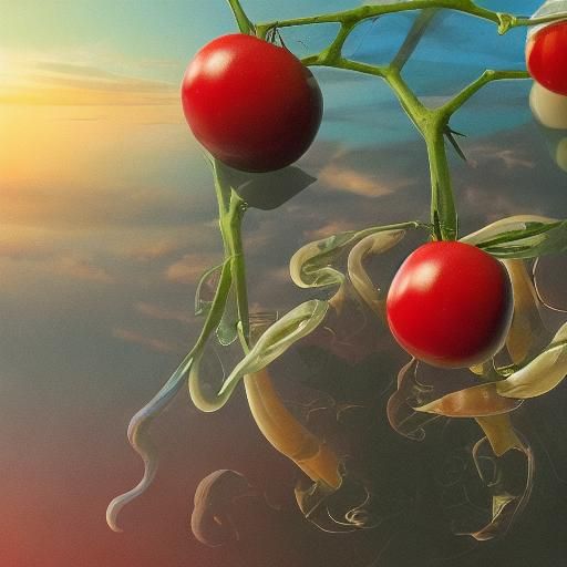 Surreal Tomatoes Flying at Sunrise: Double Exposure Art