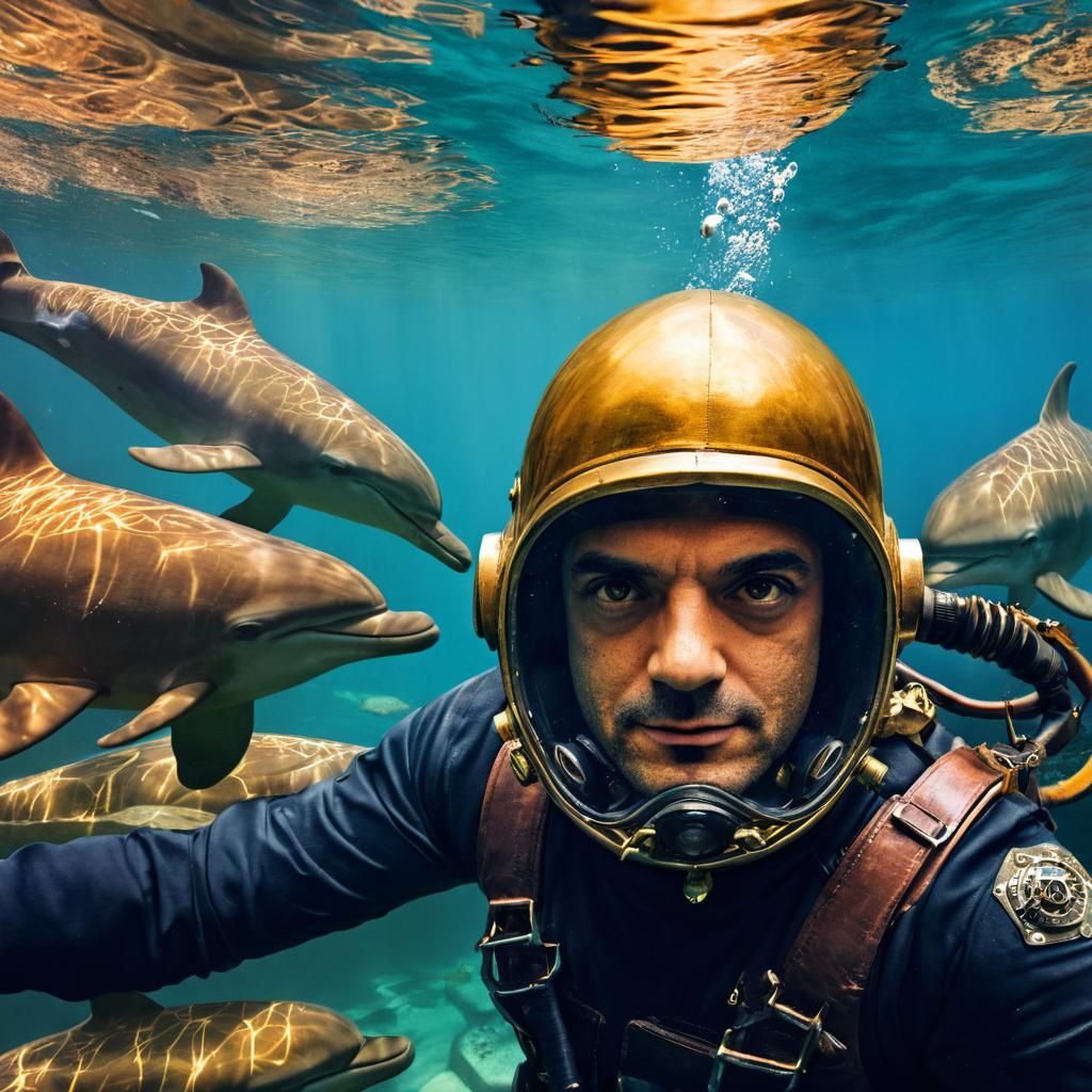 Steampunk Diver and Dolphins in Underwater Photo