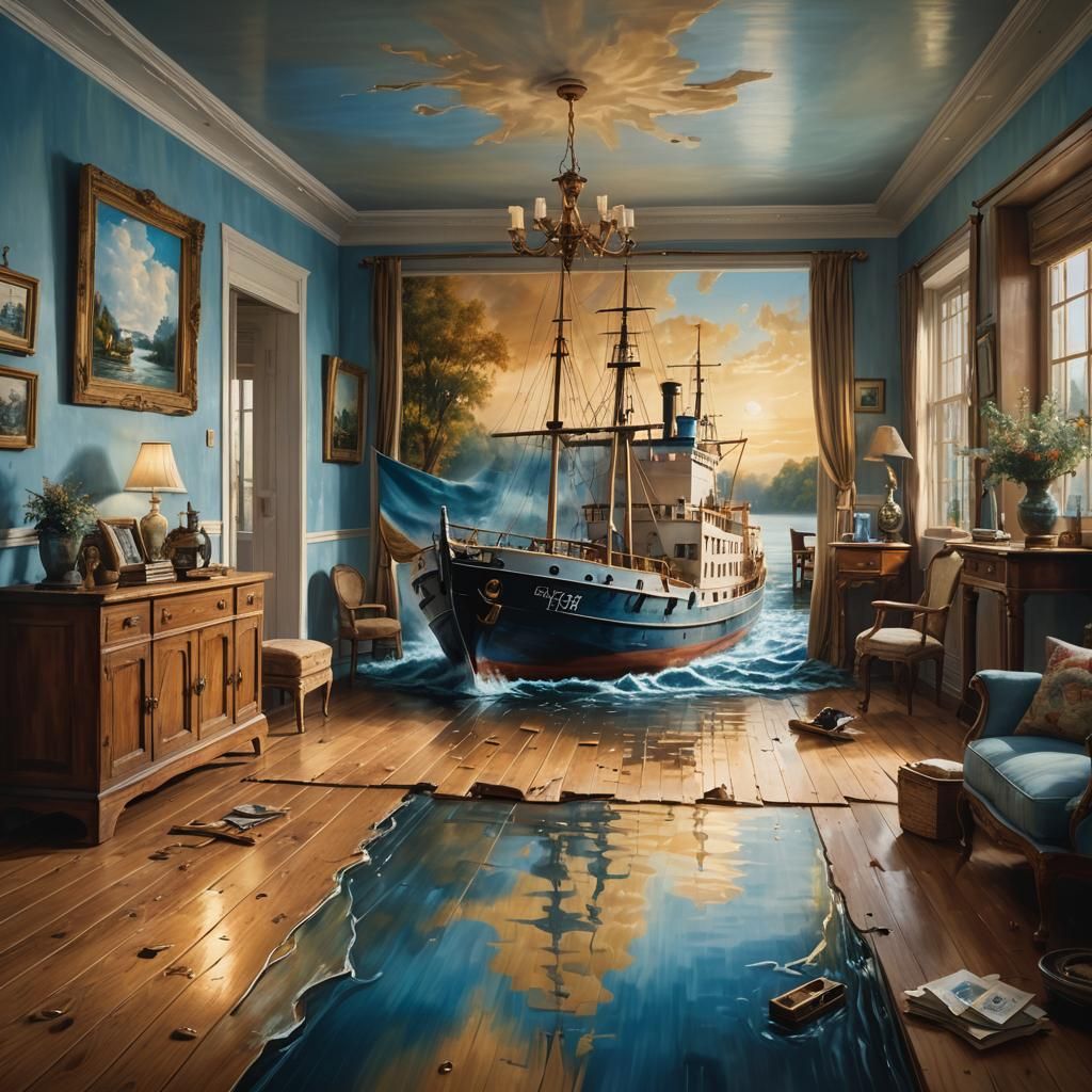 River Flows from Painting in Surreal Photorealism