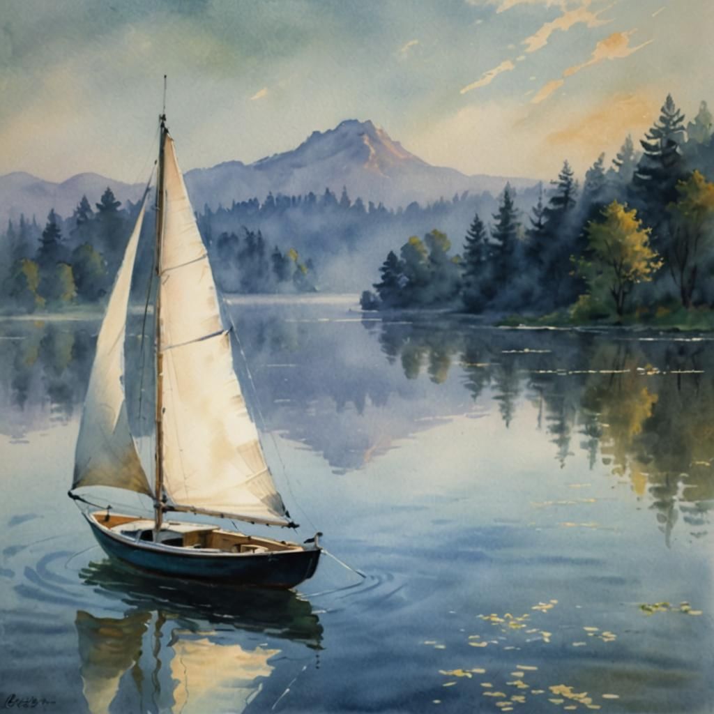 Boat on Tranquil Lake: Impressionist Watercolor Painting