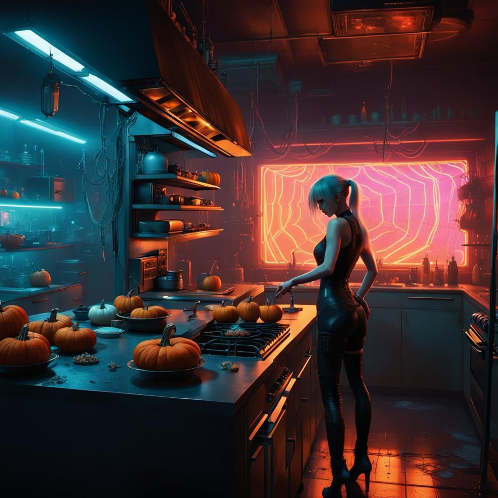 Vampire Kitchen Scene in Cyberpunk Style