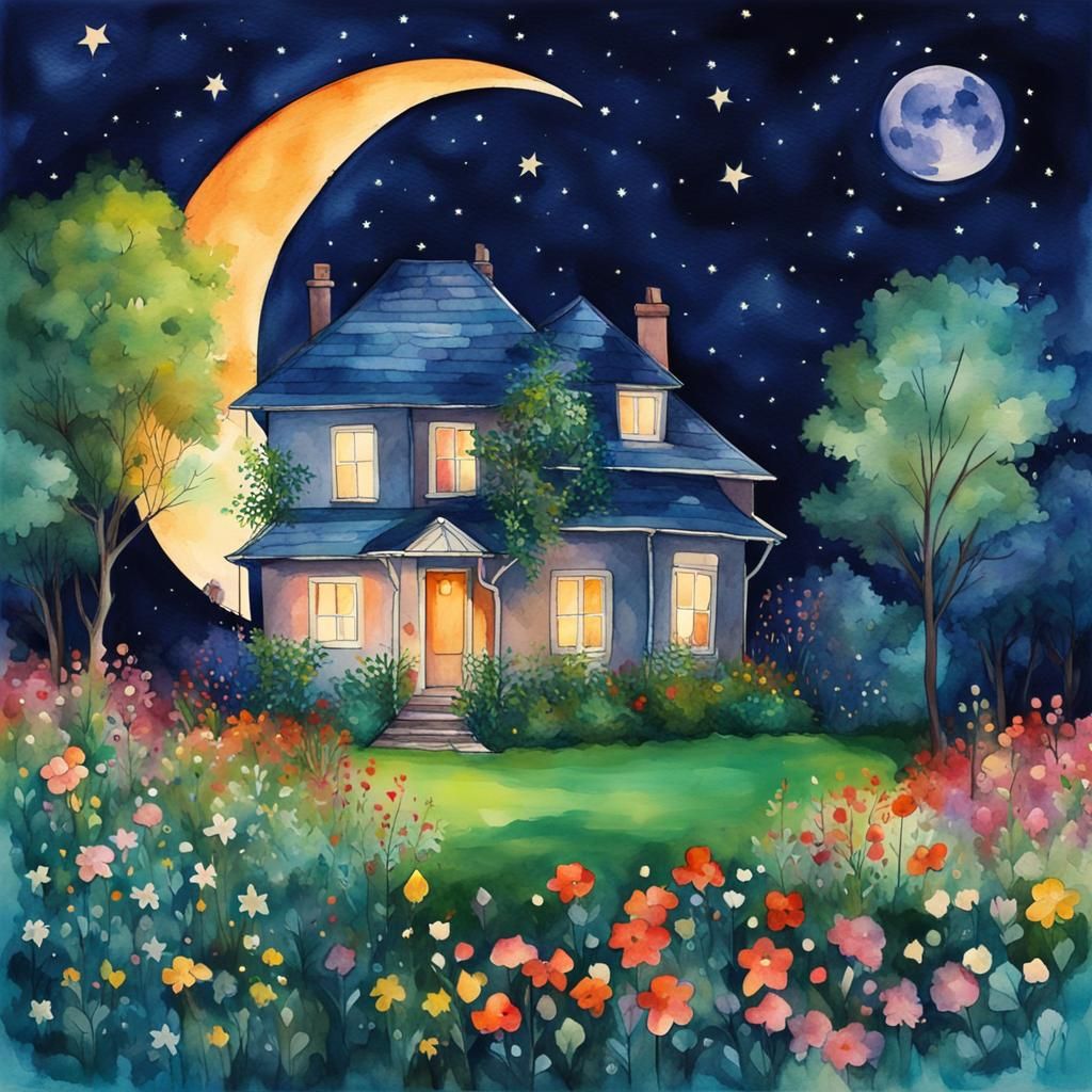 Watercolor Night Garden with Moon and Stars