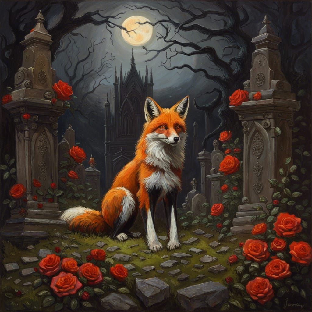 Gothic Fox in Graveyard Oil Painting