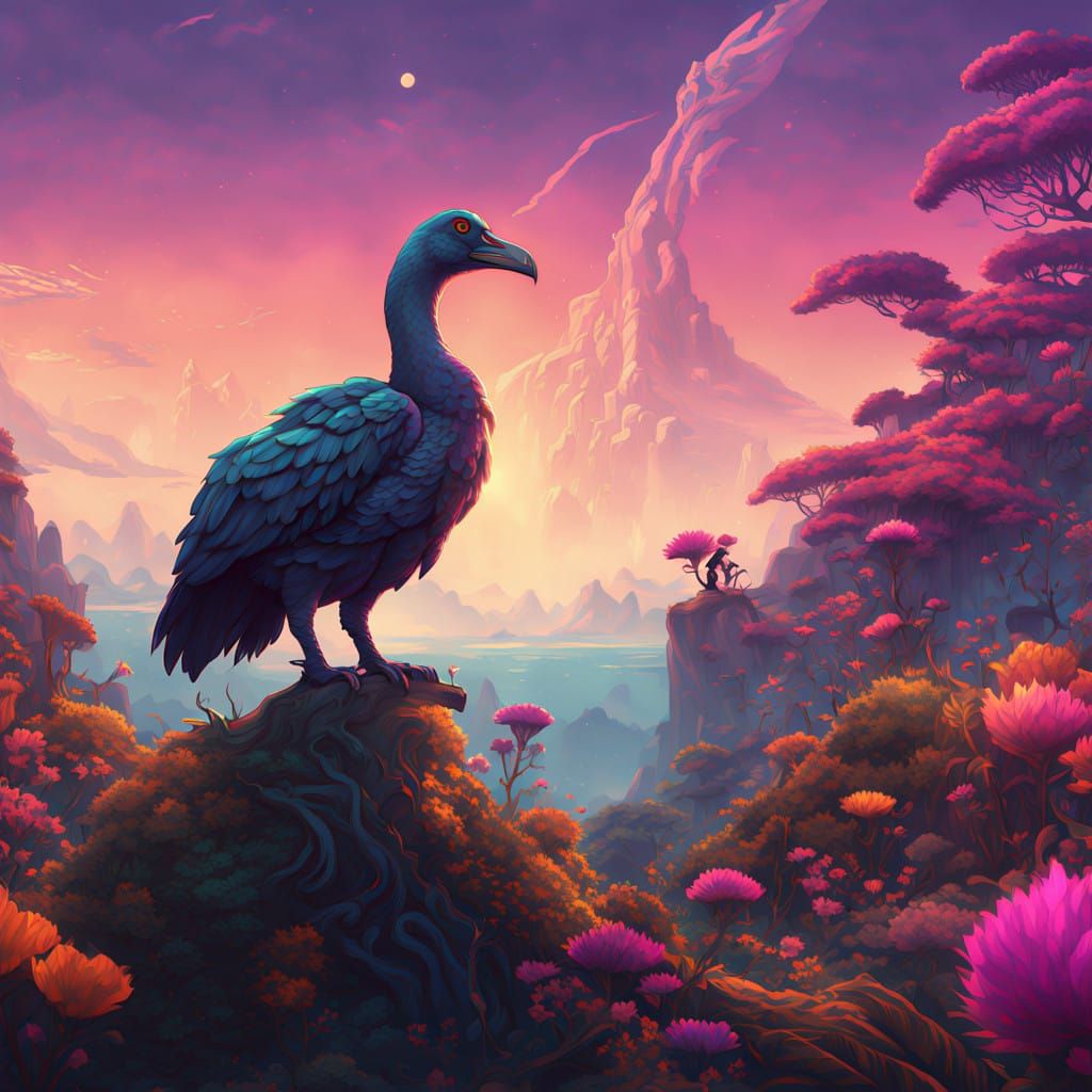 Surreal Dodo Bird on Ancient Tree Stump in Vibrant, Gradient...