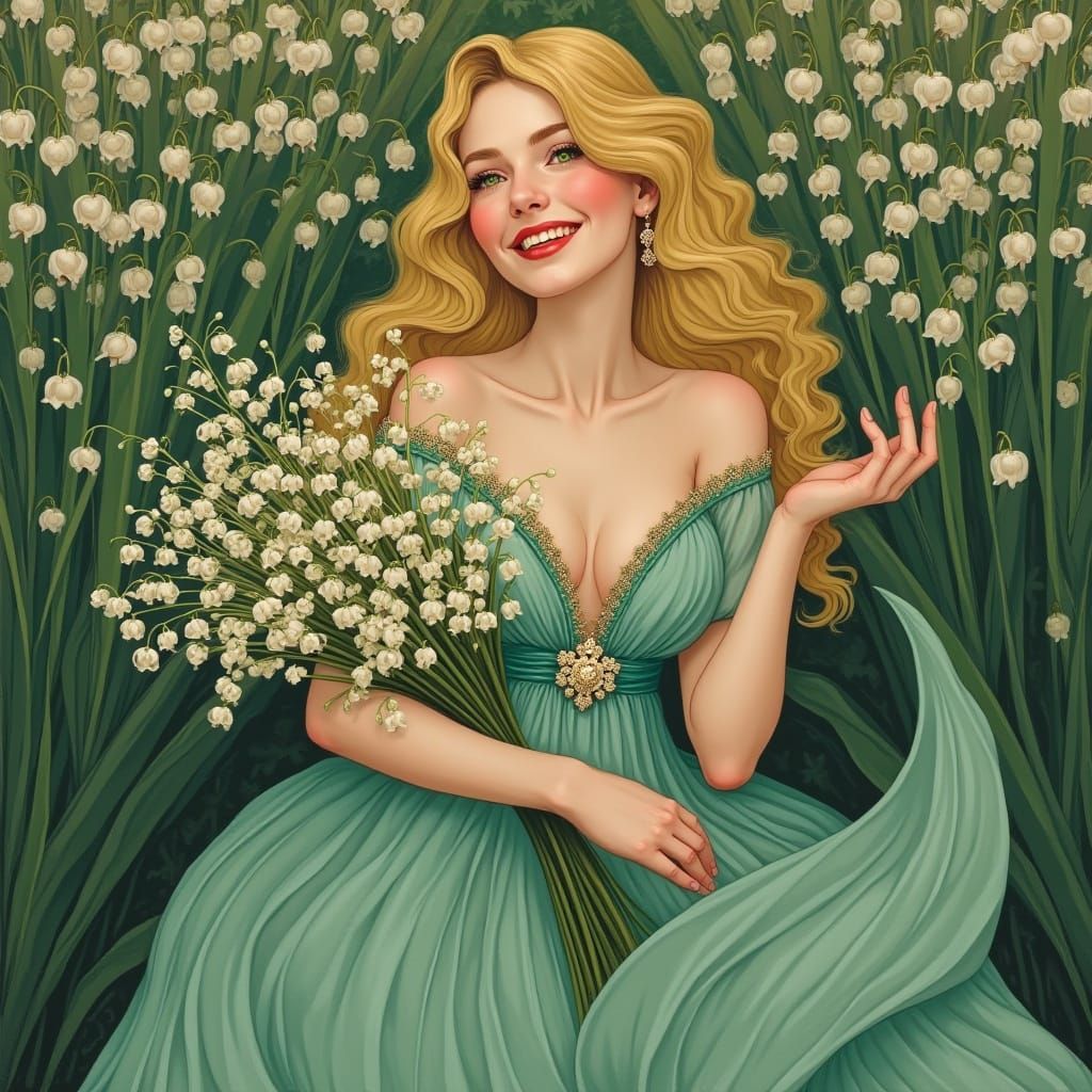 Elegant Lady in Water Green Gown with Lily of the Valley Bou...
