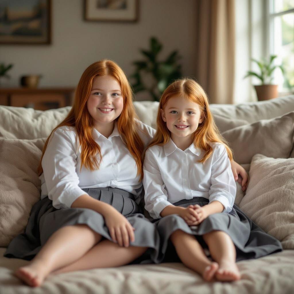 Two Smiling Sisters in Cozy Living Room
