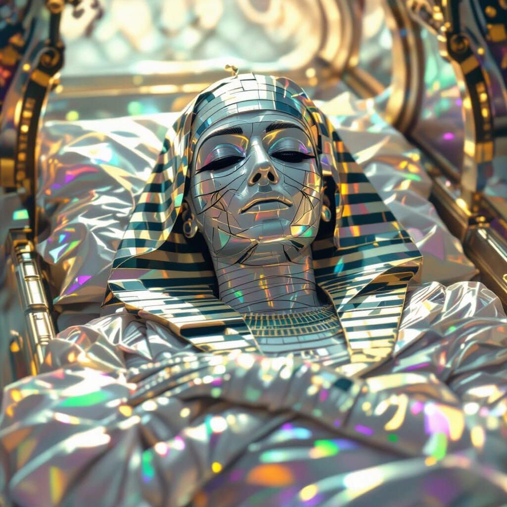 Mummy in Golden Coffin with Neon Aesthetic