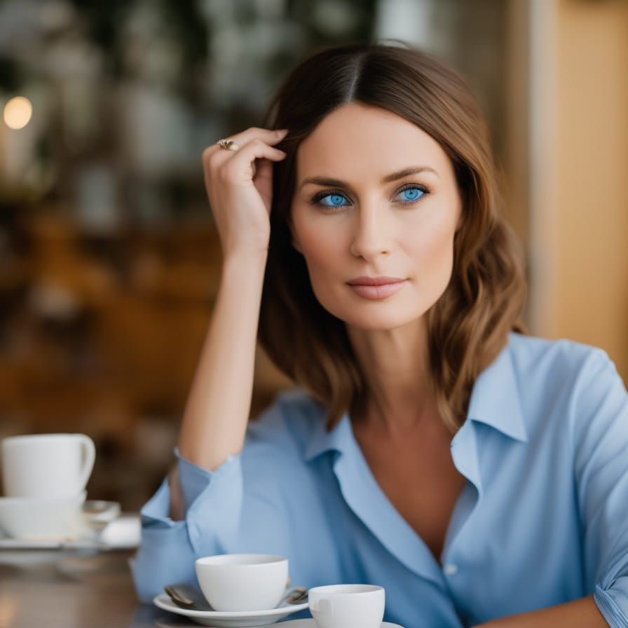 Attractive Woman at Cafe Table Looking at Viewer