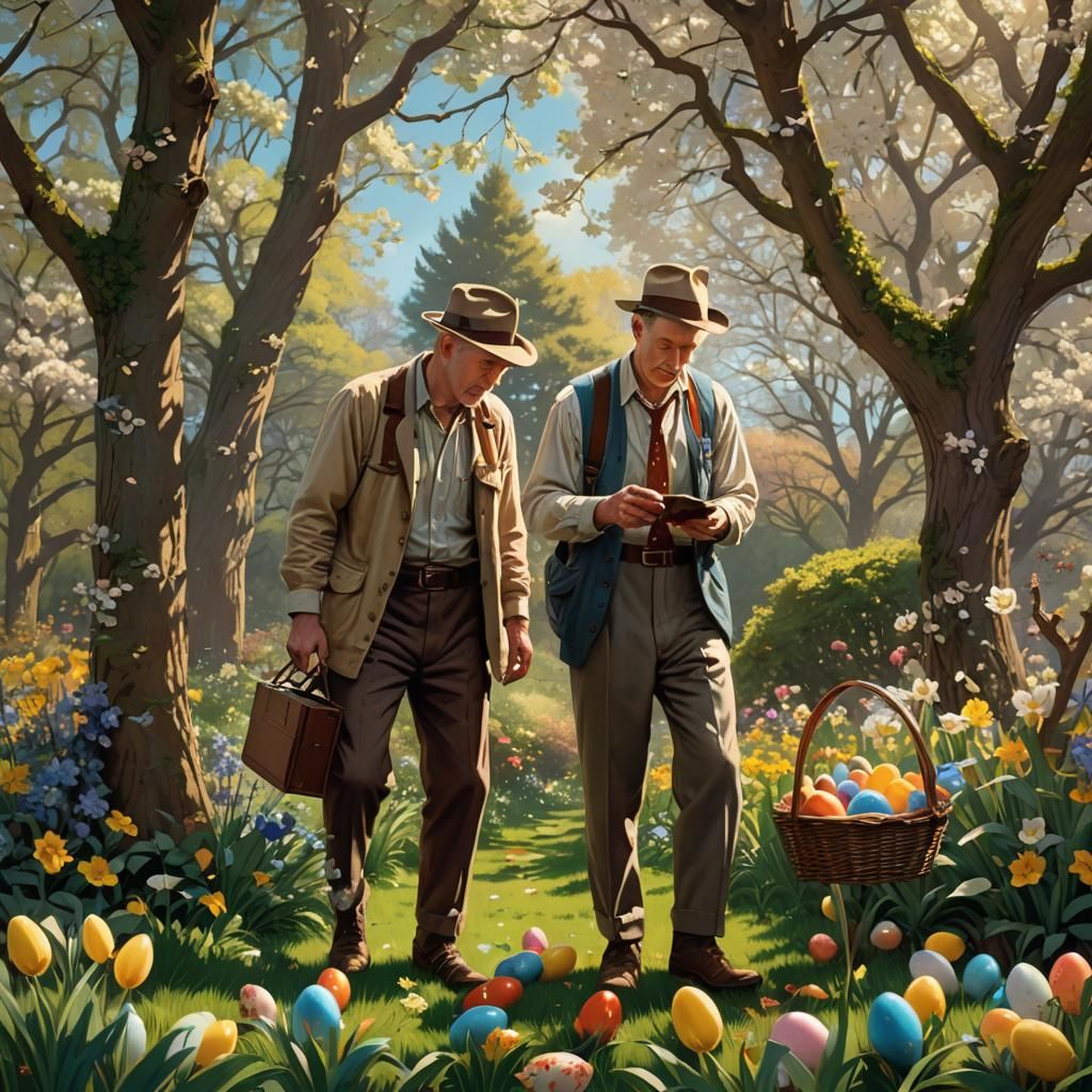 Father and Son Egg Hunt: Golden Age Illustration