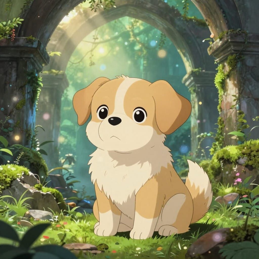 Cute Anime Puppy in Magical Ancient City Ruins