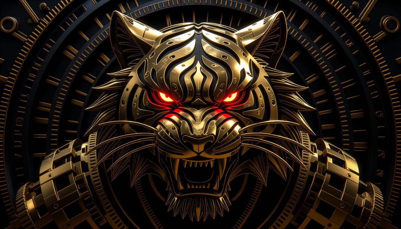 Mechanical Gold Tiger Logo in Industrial Style