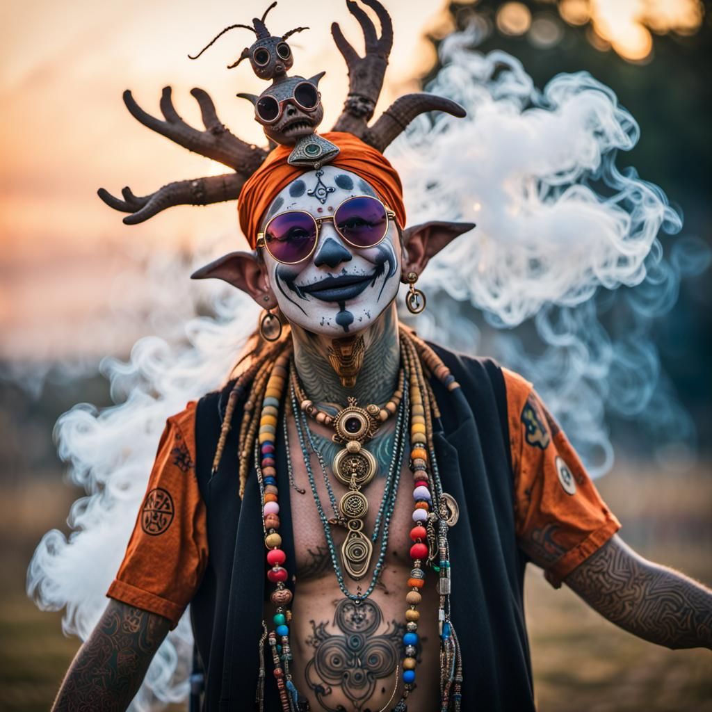 Monumental Jester Scarecrow in a Psychedelic Style