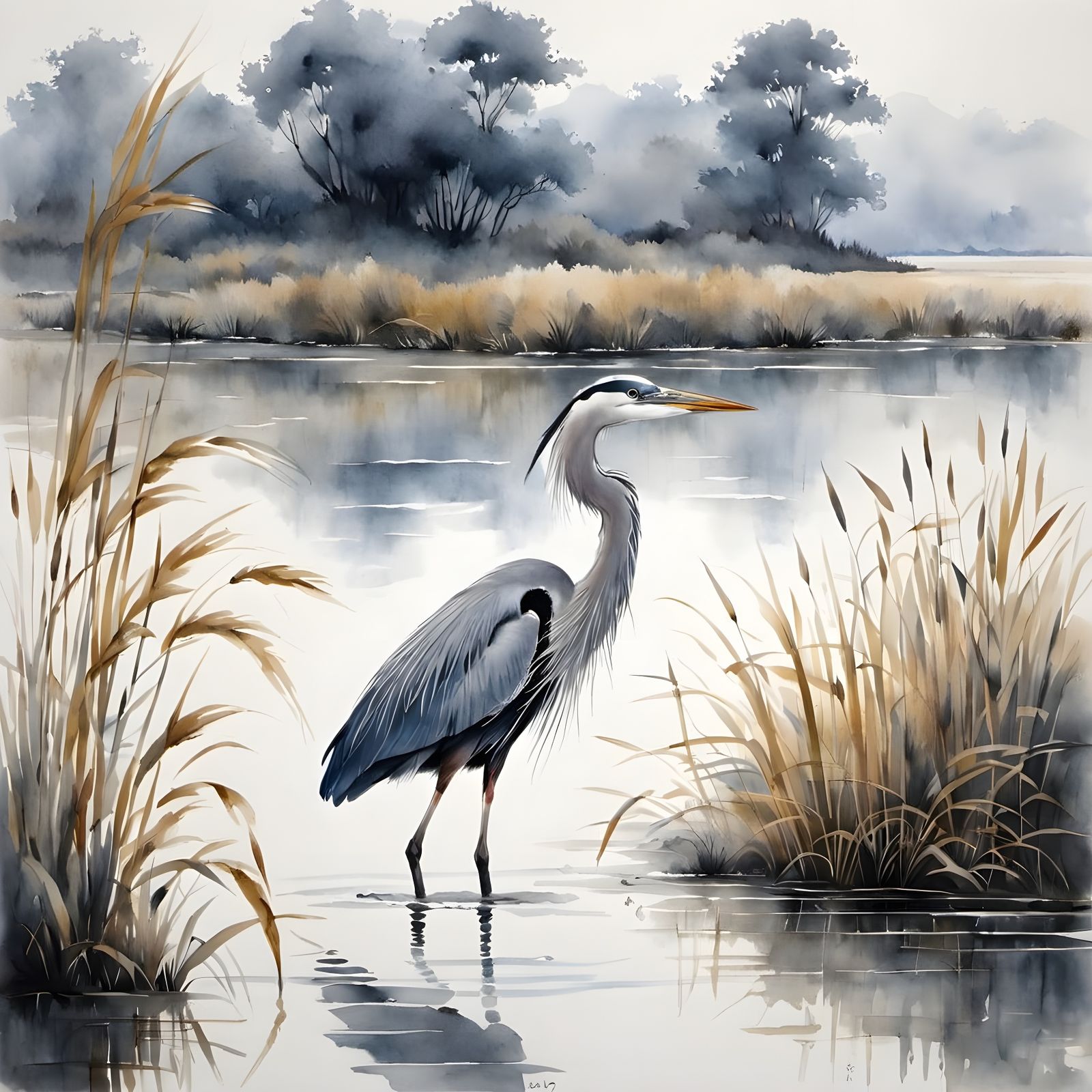 Great Blue Heron in Reeds, Watercolor Painting