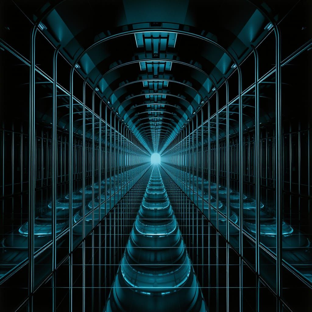 Infinite Corridor of Mirrors in Dark, Futuristic Style