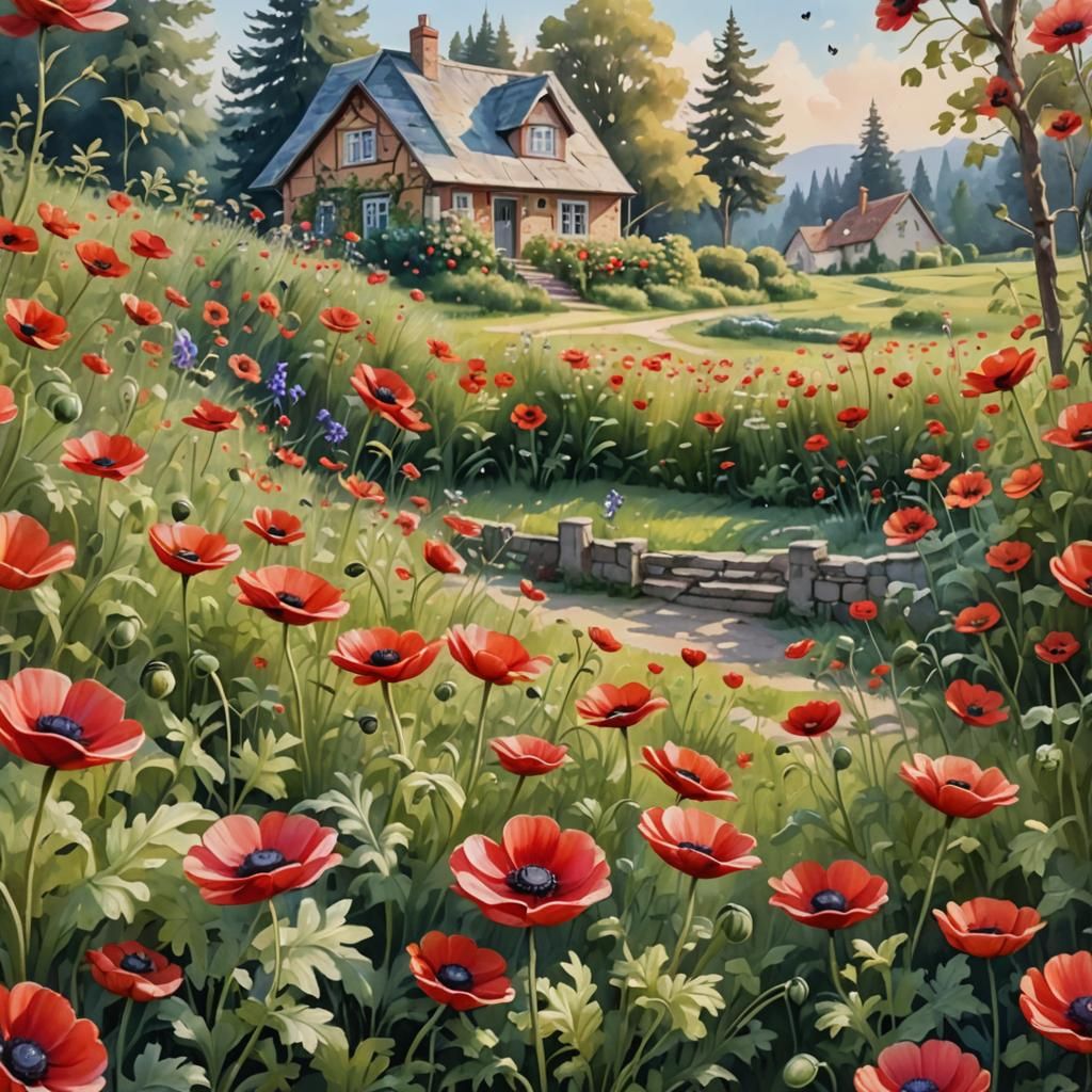 Red Anemone Field in Pastel Oil Painting Style