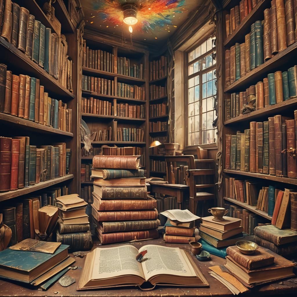 Whimsical Fantasy Library with Ink-Writing Quills