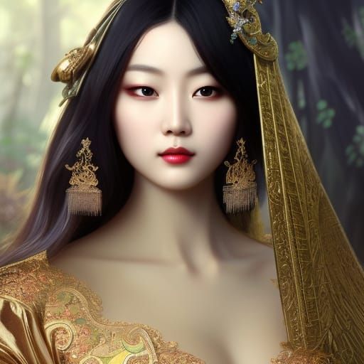 Mysterious Oriental Princess with Owl: Hyperdetailed Portrai...