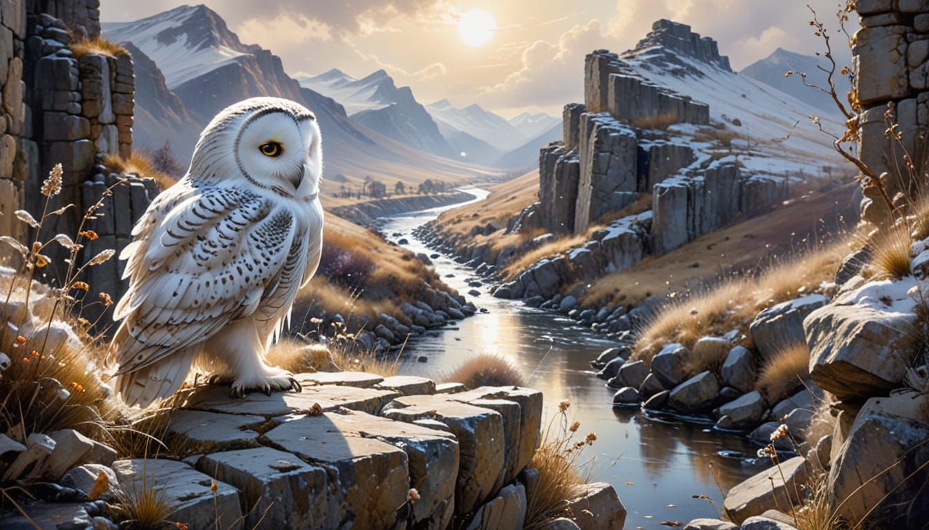Snowy Owl on Ancient Wall, Watercolor Style