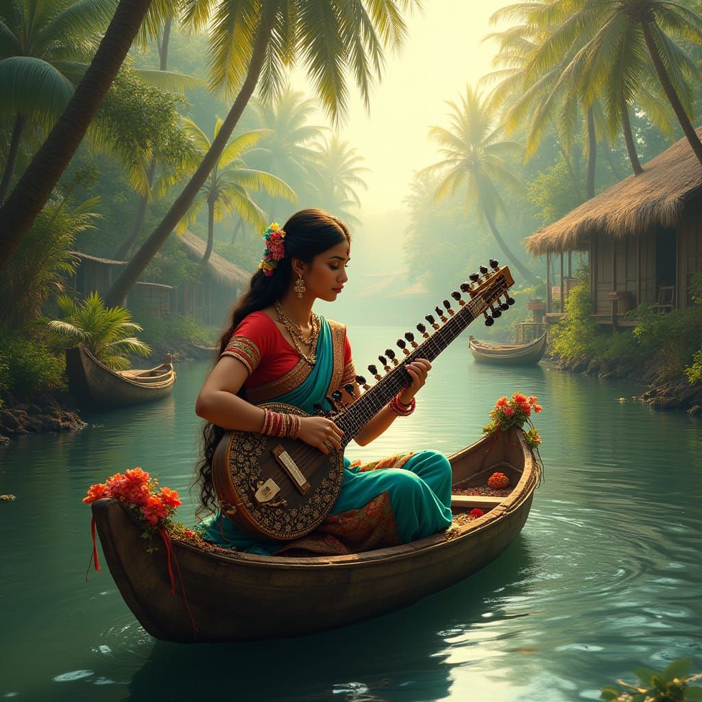 Indian Sitarist in Serene Kerala Landscape