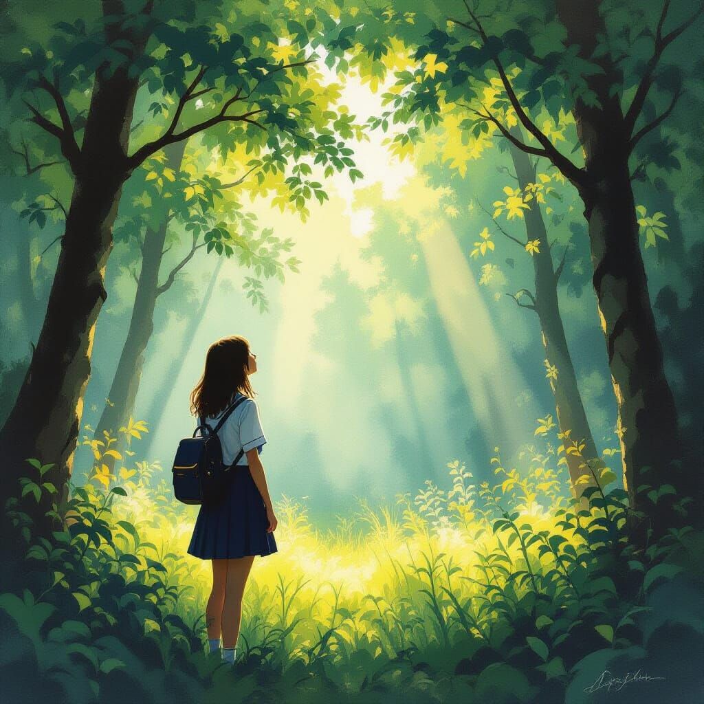 Girl in Misty Forest Clearing, Impressionist Style