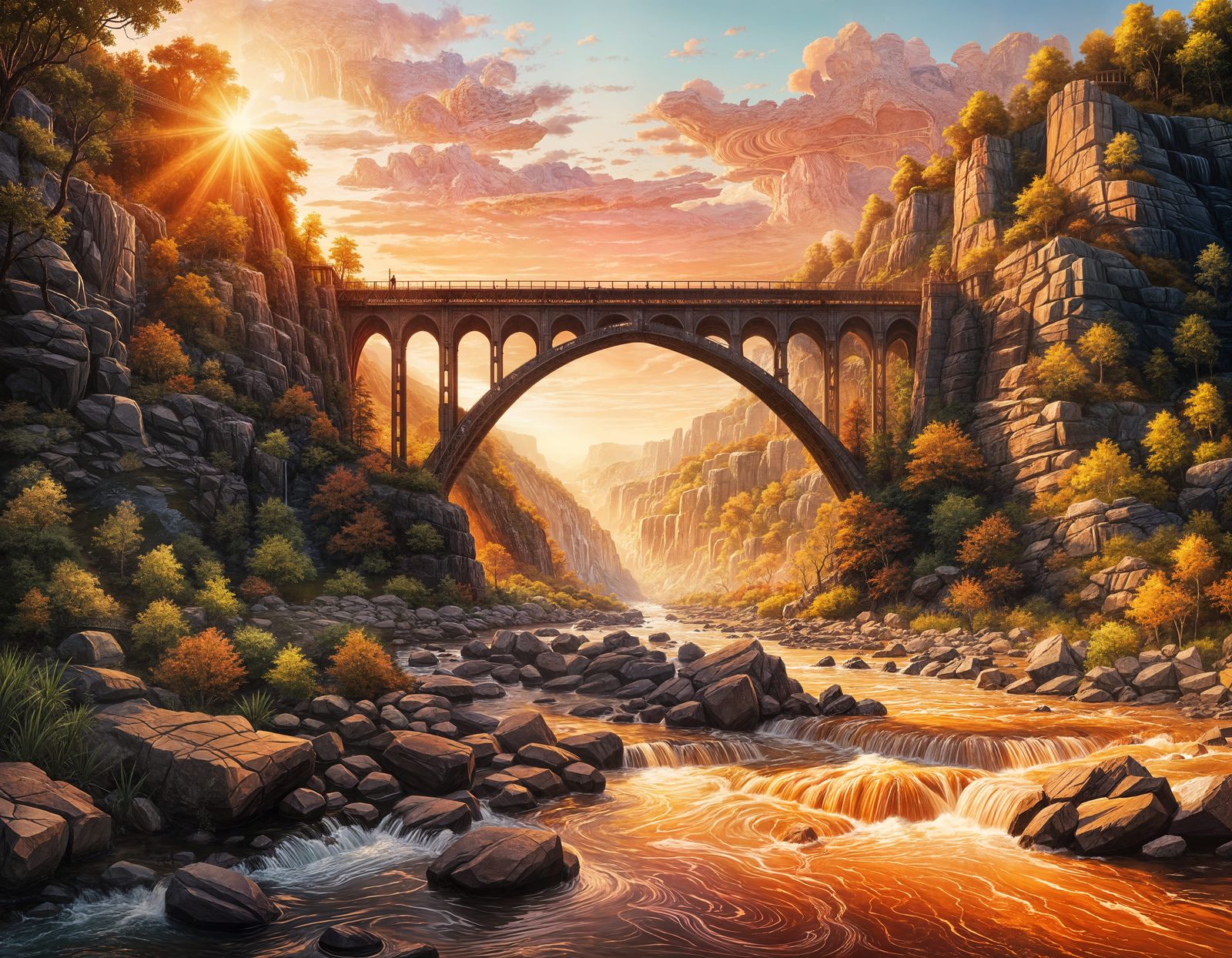 Sunset Over River Gorge: Hyperrealistic Splash Art