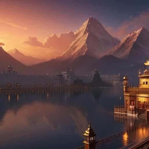 Golden Temple Sunset: Detailed Fantasy Concept Art