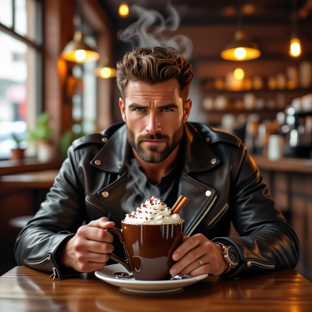 Biker Relaxing in Hot Chocolate Mug, Whimsical Illustration ...