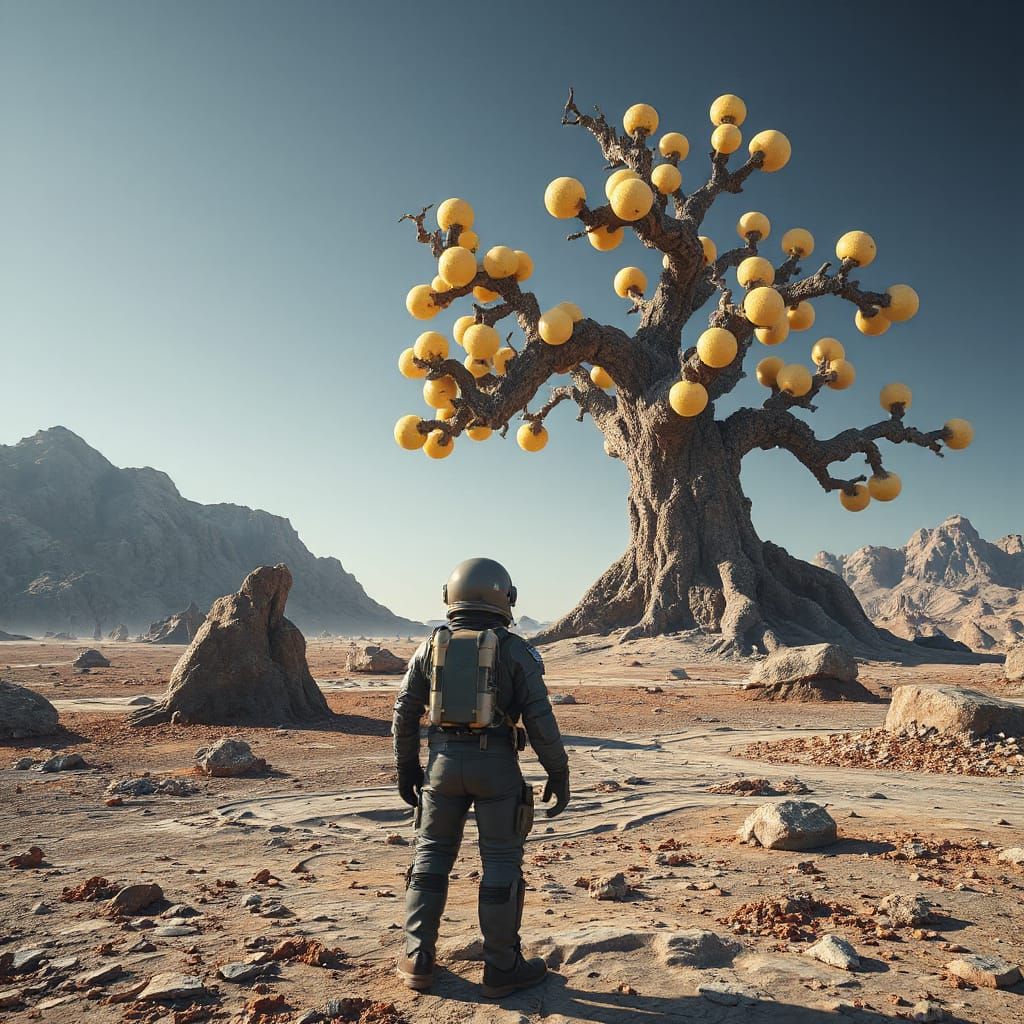 Astronaut and Glowing Tree on Alien Planet