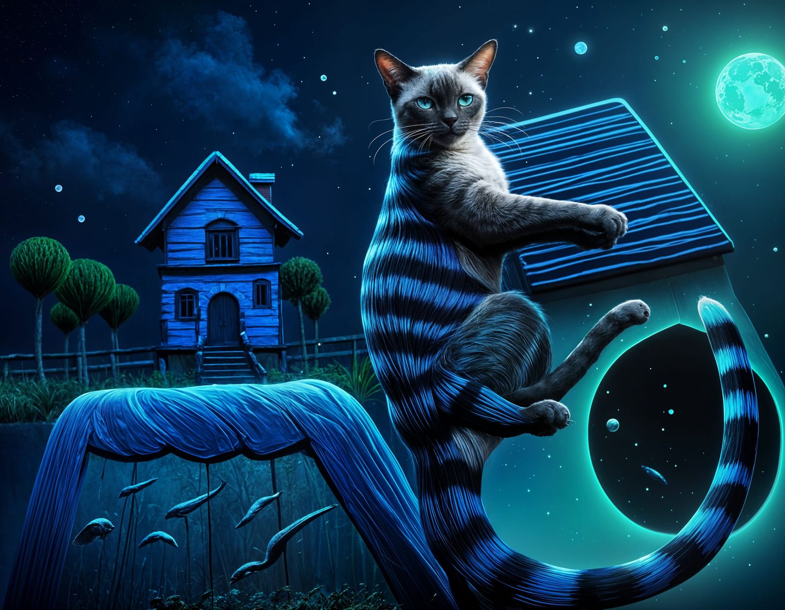 Enchanted Siamese Cat in Vibrant, Dreamlike Wonderland