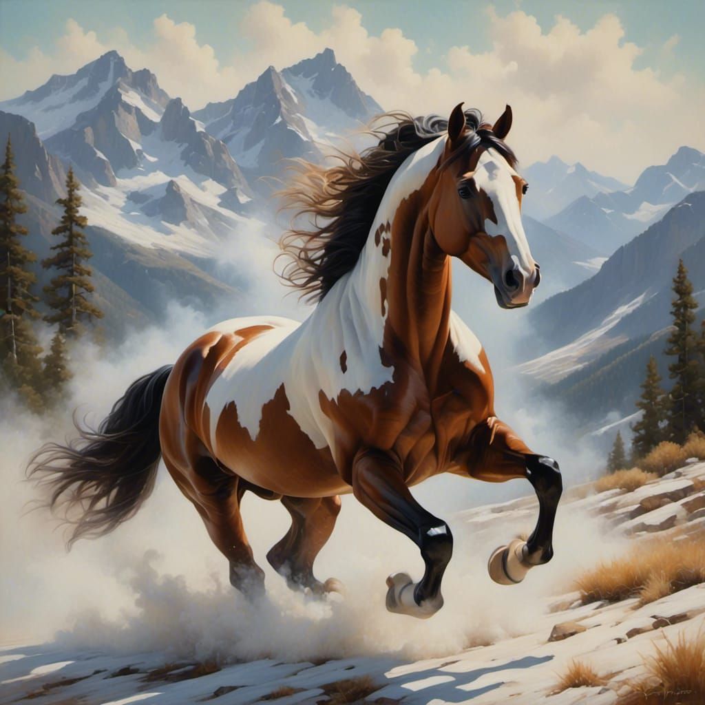 Wild Horse Paws Snow in Hyperrealistic Splash Art