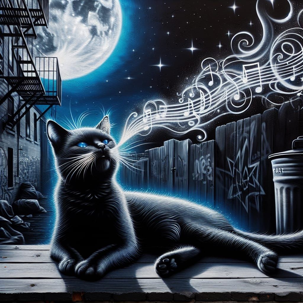 Singing Black Cat in Moonlit Alleyway