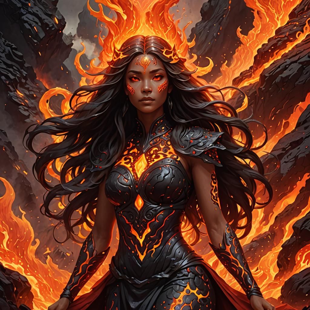 Lava Goddess with Flowing Hair and Lava Dress