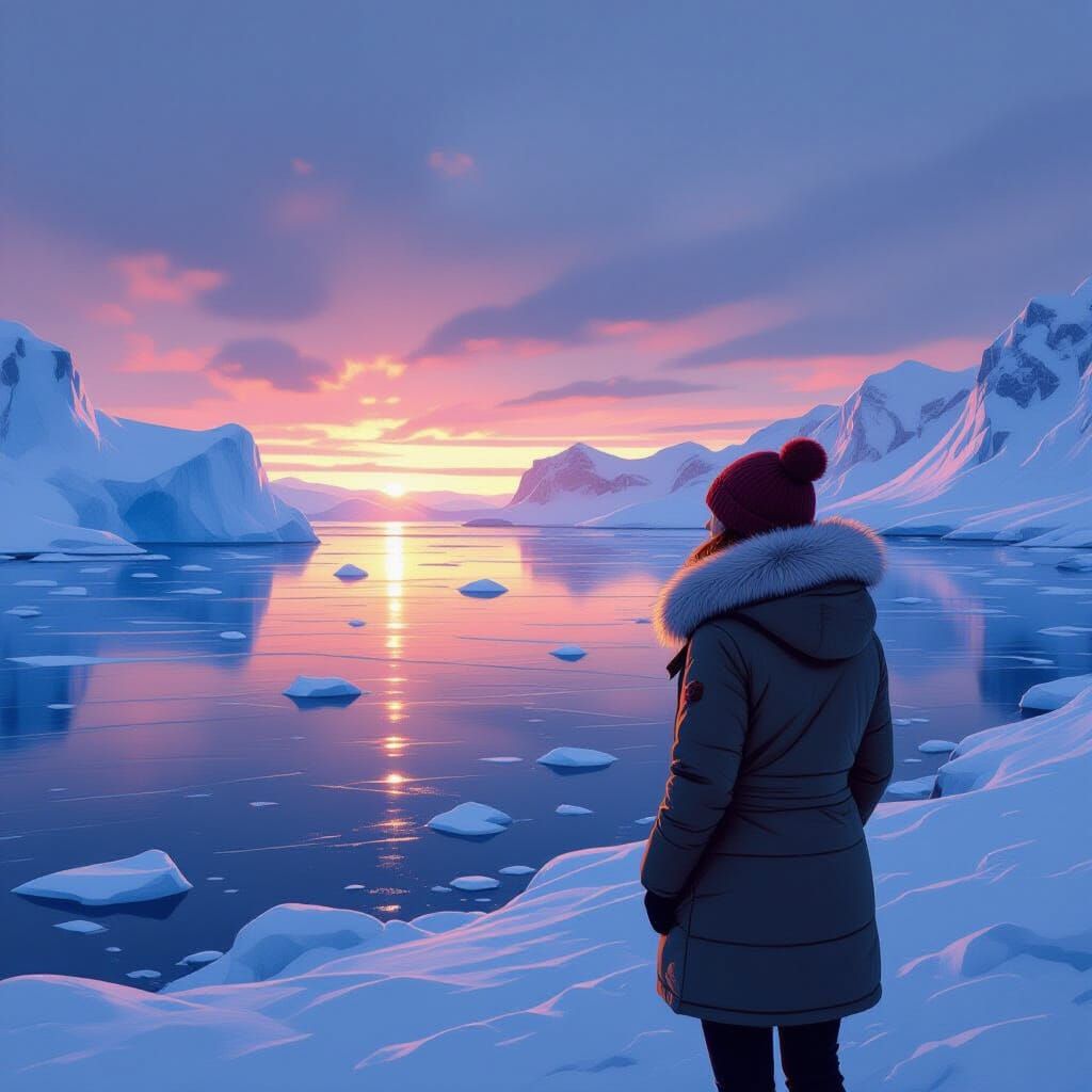 Woman on Frozen Shore in Digital Art Style