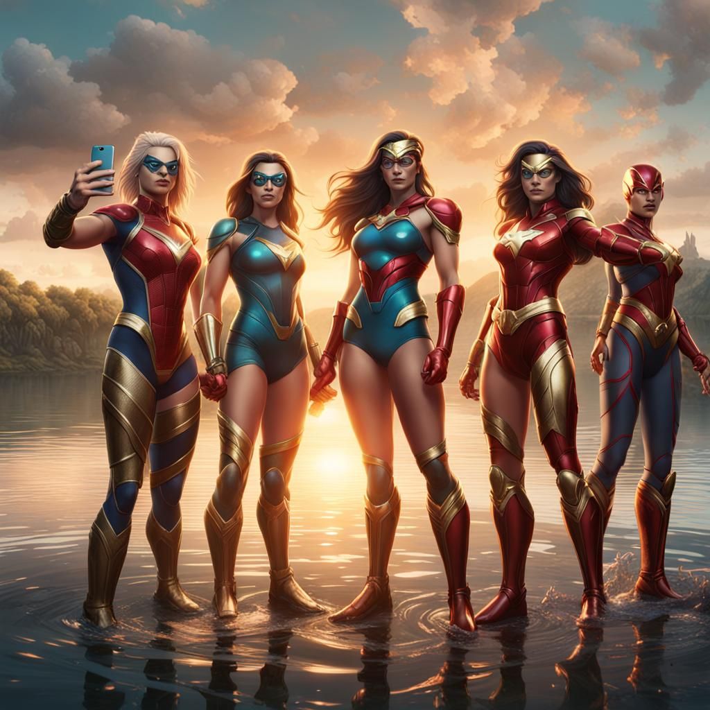 Superheroines Take Lakeside Selfie: Fantasy Concept Art