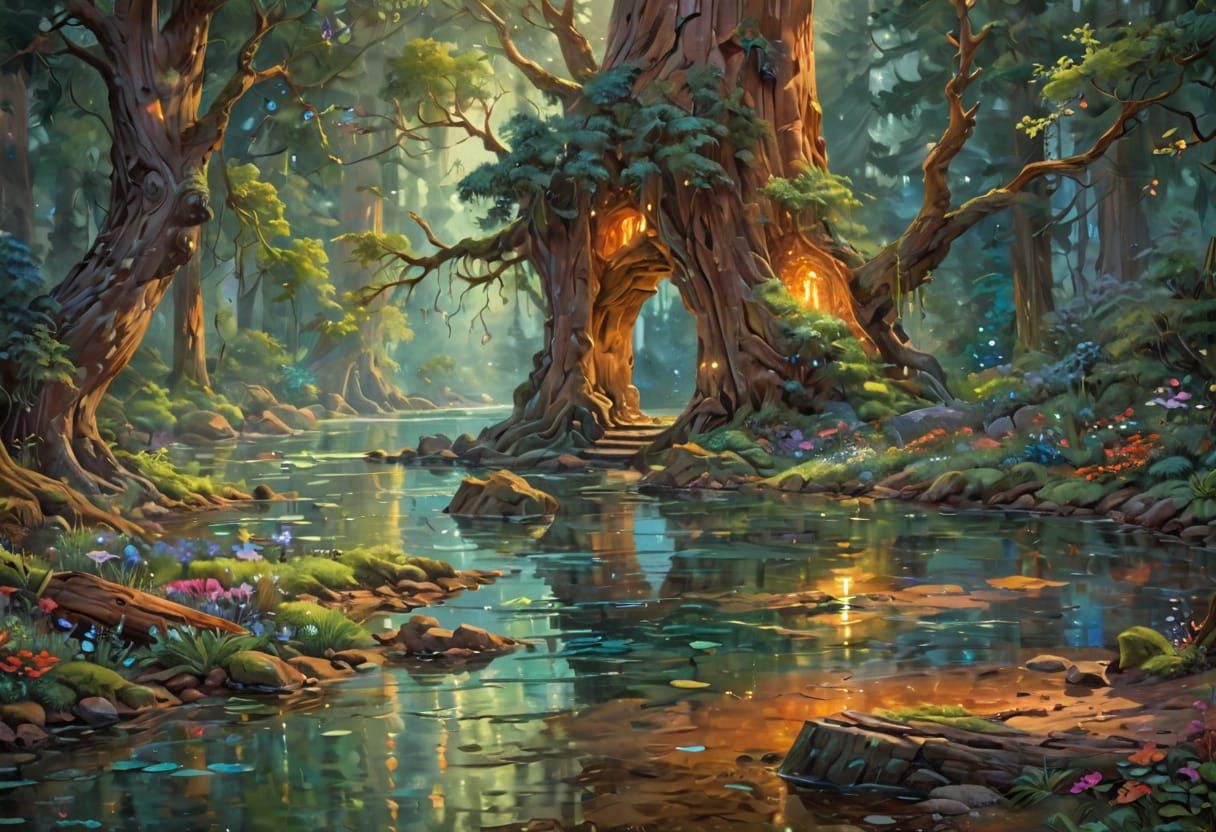 Mystical Sequoia Door to Hidden Realm in Gouache Style