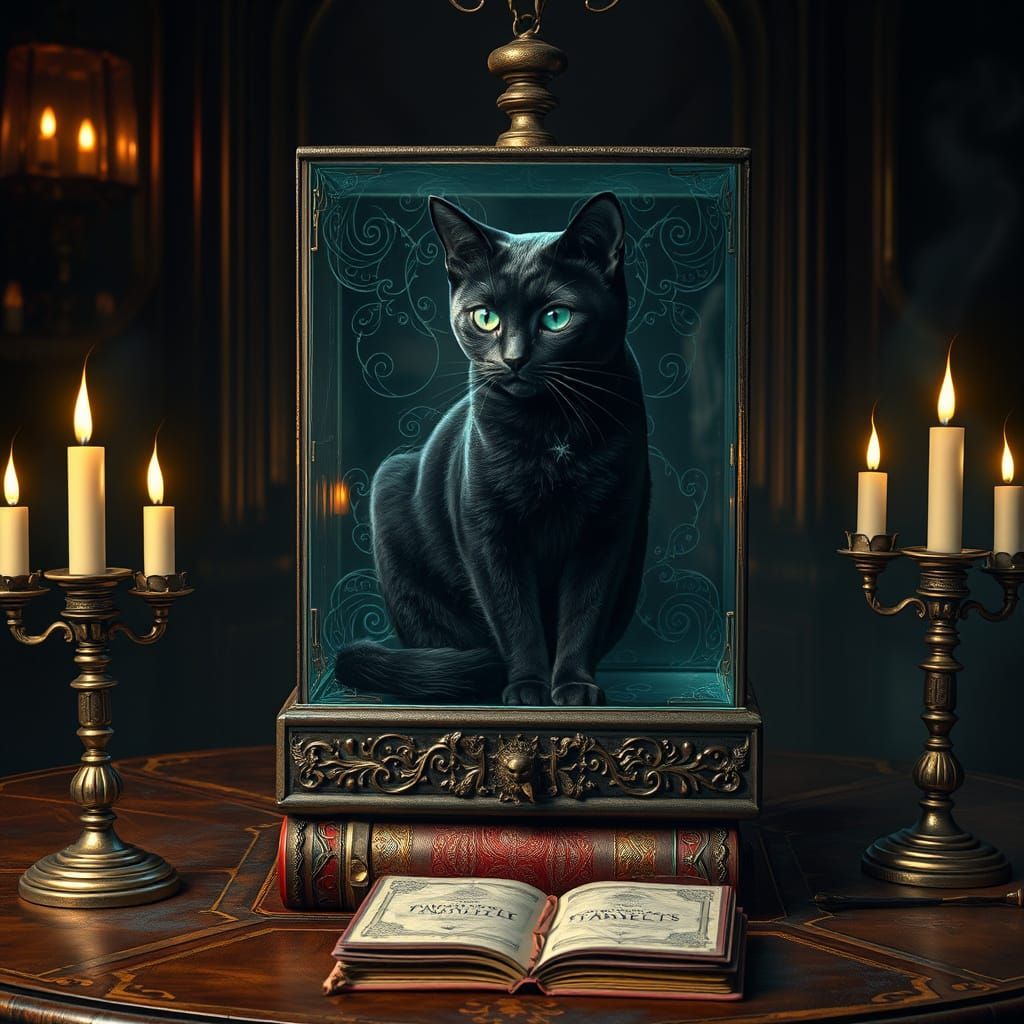 Ethereal Black Cat in Glass Box Amidst Mystical Chamber