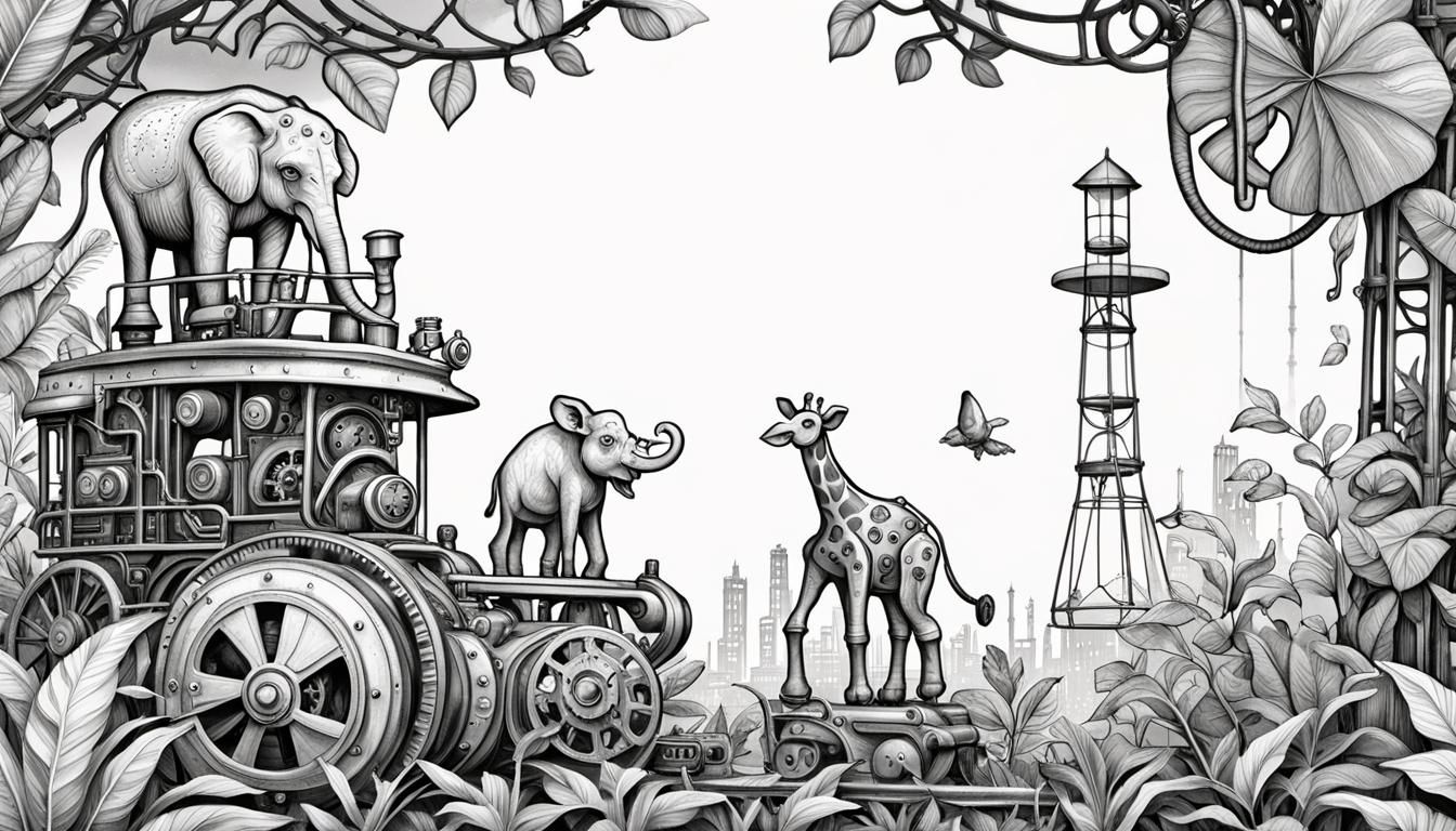Steampunk Jungle Metropolis with Animals in Black and White