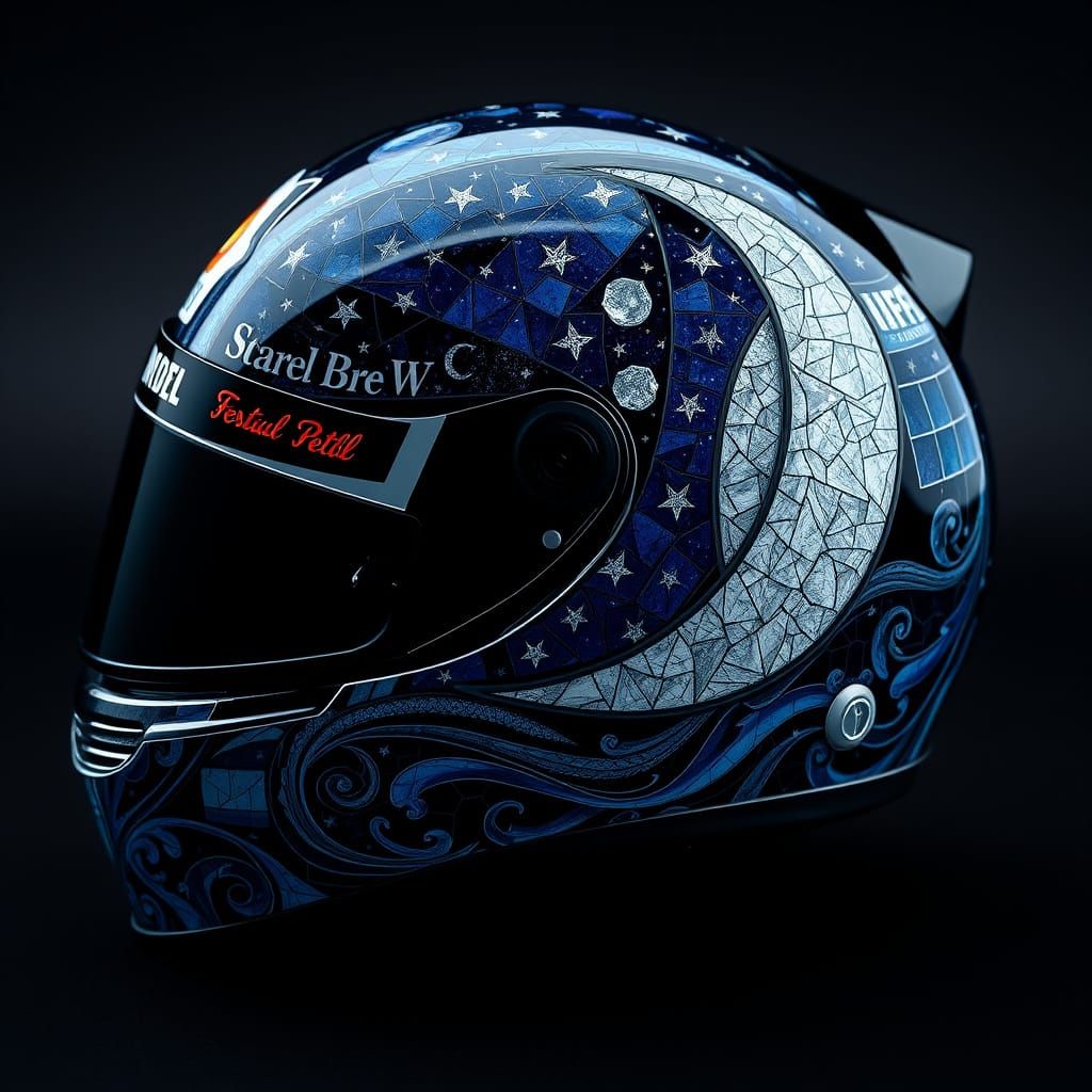 Portuguese Mosaic Formula 1 Helmet with Witchy Moon and Star...