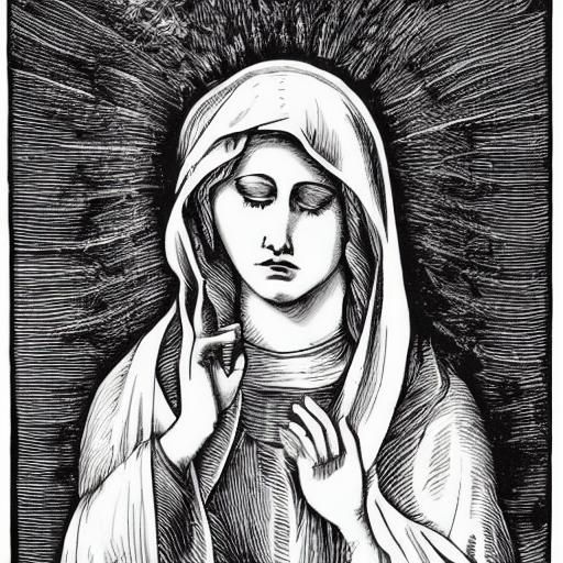 Virgin Mary Weeping in Pen and Ink Style