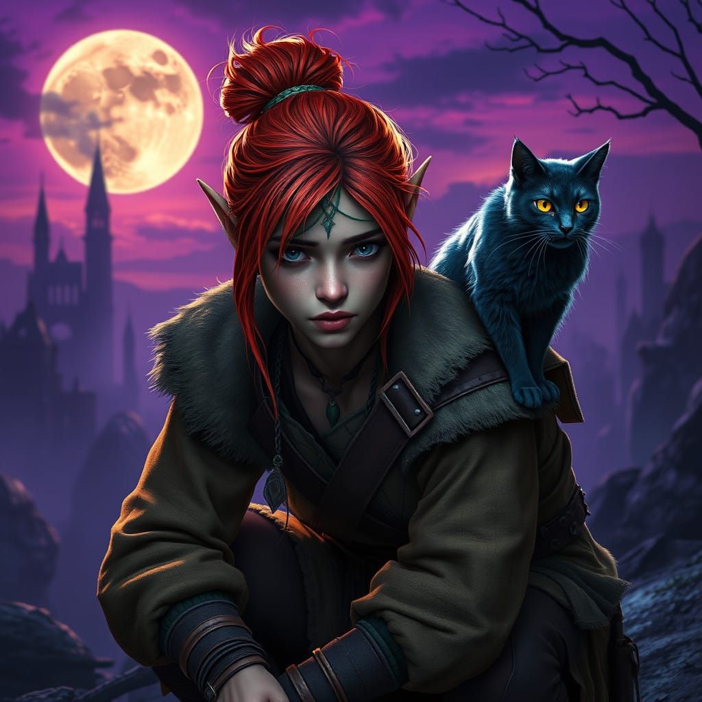 Ethereal Half-Elf Huntress Surrounded by Midnight City