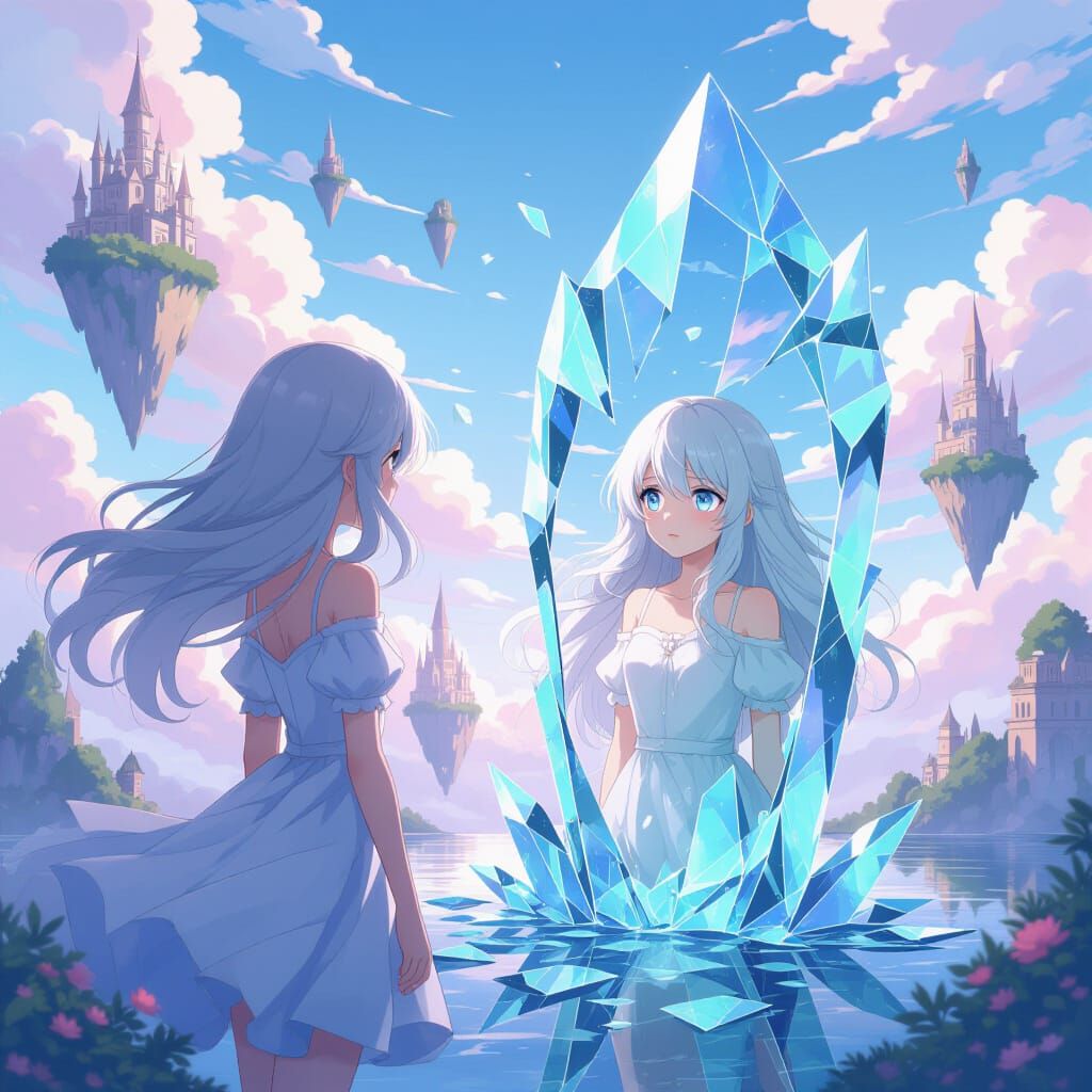 Anime Girl Gazes Into Shattered Mirror, City Reflections