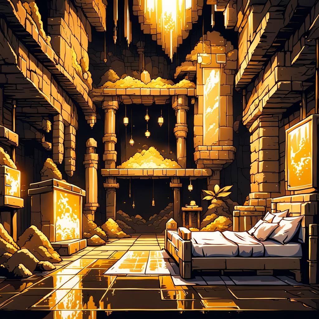 8-bit Dragon's Cave Bedroom with Treasure