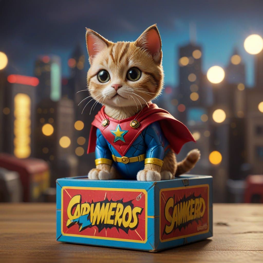 Cute Cat Superhero in Toy Collector's Box, Classic Comic Boo...