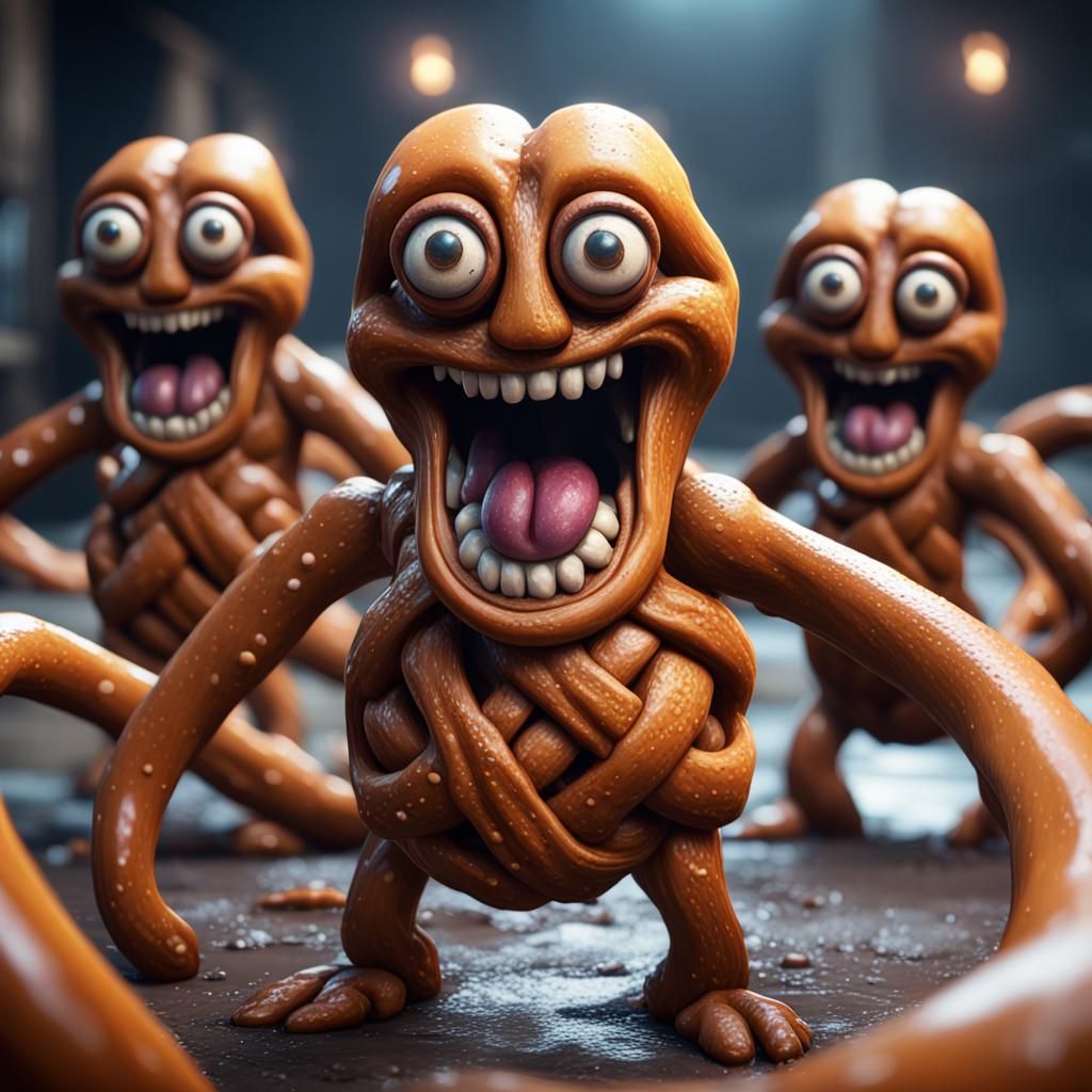 Mutant Pretzel People in 3D Cinematic Style