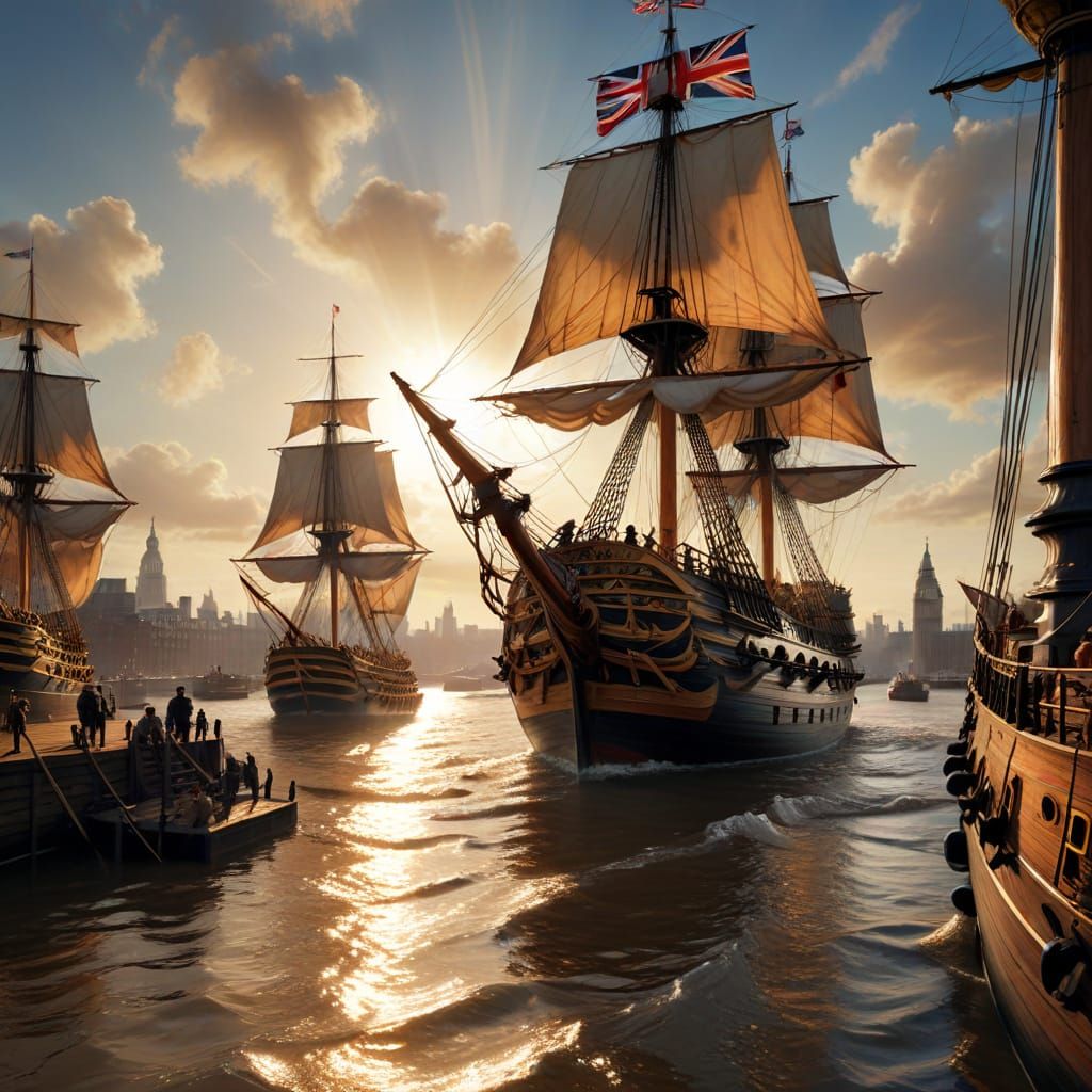 Nostalgic 19th Century Maritime Scene with HMS Victory and L...