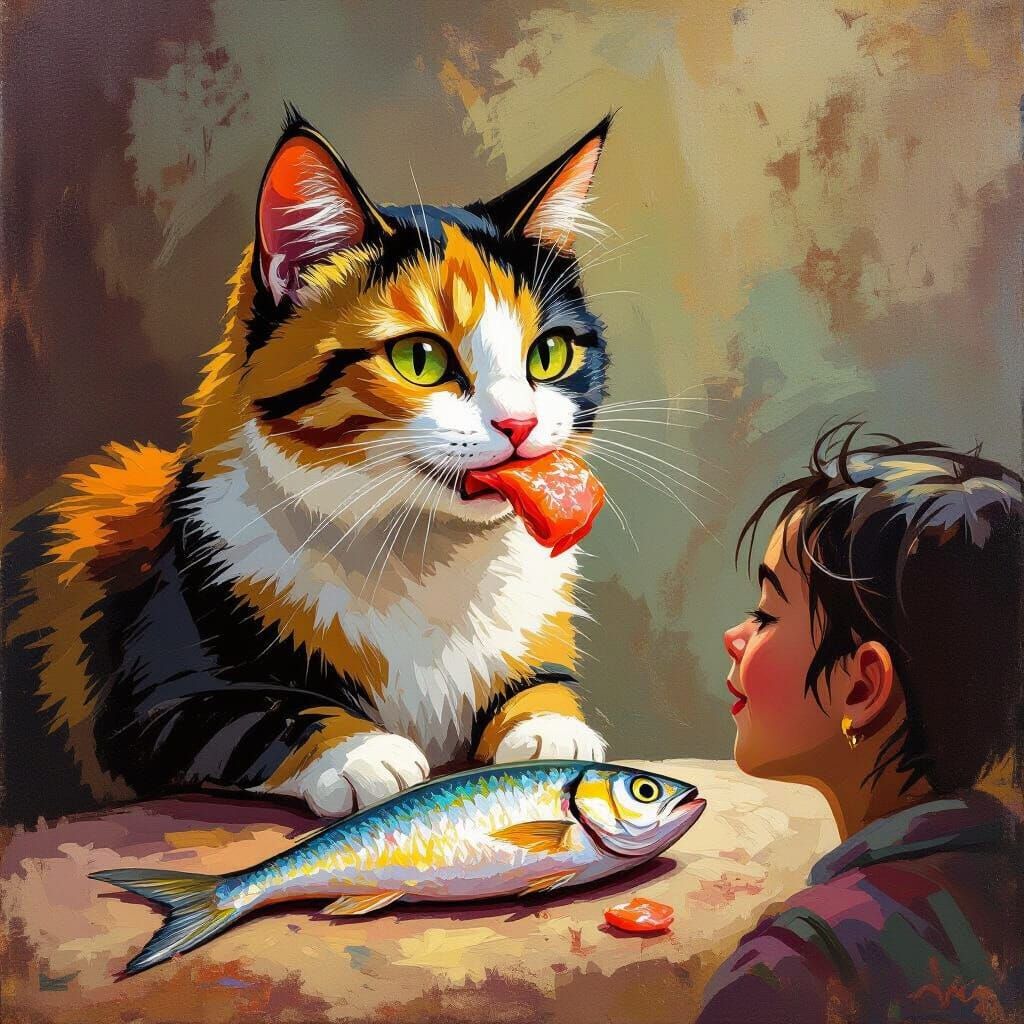 Cat Eating Fish in Vibrant Painterly Style