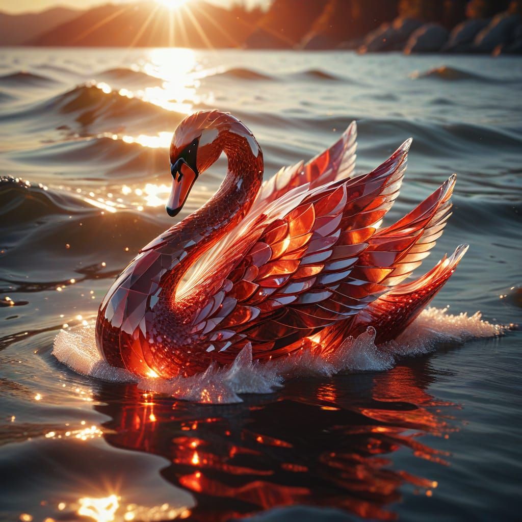 Crystal Swan Shimmers on Twinkling Sea: Digital Art